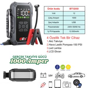 GEM BT1200 AKÜ TAKVİYE CİHAZI + Powerbank + Led Lamba + Lastik Şişirme